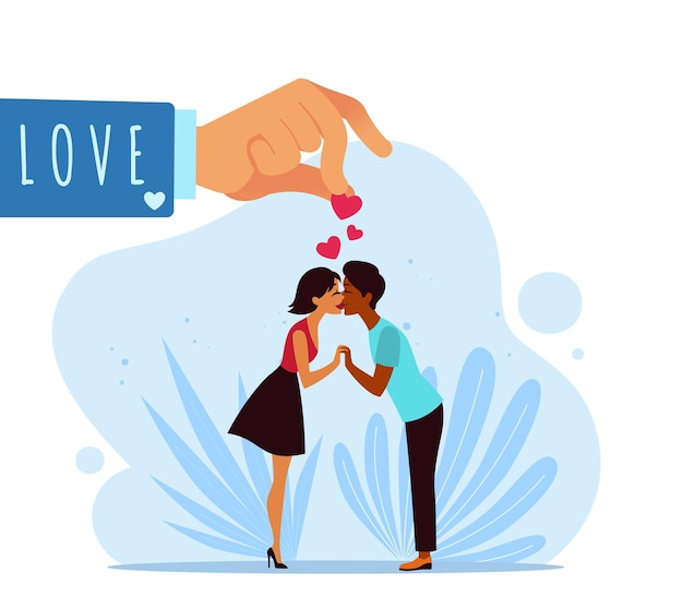 Vector click of love romantic outburst of feelings man and woman kiss first date red hearts above adult couple together happy relationships magic gesture of lover vector isolated concept