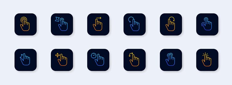 Click set icon Index finger brush tapping sliding scrolling waiting cursor arrow hourglass typing Pressing concept Neomorphism style Vector line icon for business