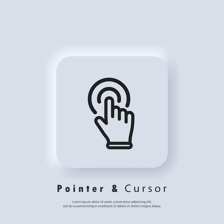 Vector 손가락 아이콘, 커서를 클릭합니다. 손 포인터, 아이콘을 클릭합니다. 벡터 eps 10입니다. neumorphic ui ux 흰색 사용자 인터페이스 웹 버튼입니다. 뉴모피즘