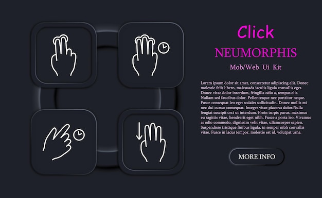 Vector clicks set icon double click palm hand swipe move object scroll down with three fingers hold move up pinch with three fingers hold neomorphism delay with three fingers gestures concept