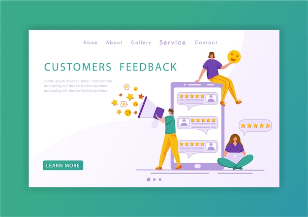 Vector client feedback concept landing page template, miniature tiny people and giant phone, web banner with place for text