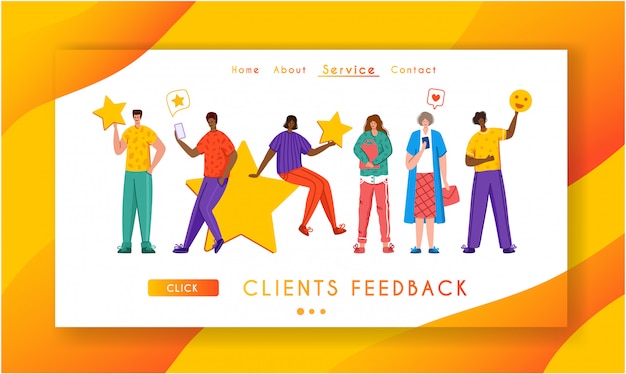 Modello di pagina di destinazione del concetto di feedback dei clienti, minuscole persone in miniatura e stelle giganti, banner web con posto per il testo