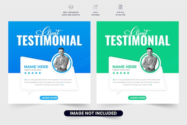 Client testimonials testimonial template vector with blue and green colors Customer feedback template design with star ratings Customer feedback review or testimonial layout vector