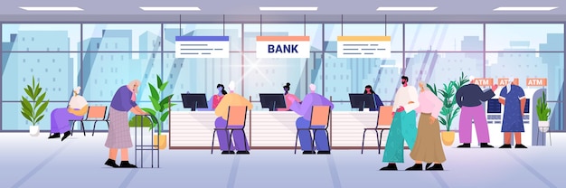 Clienti e consulenti in moderni assistenti bancari che offrono prodotti bancari ai clienti concetto bancario centro di consulenza interno illustrazione vettoriale orizzontale