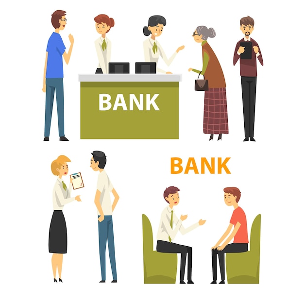 Clients consulting at managers at bank office banking service vector illustration