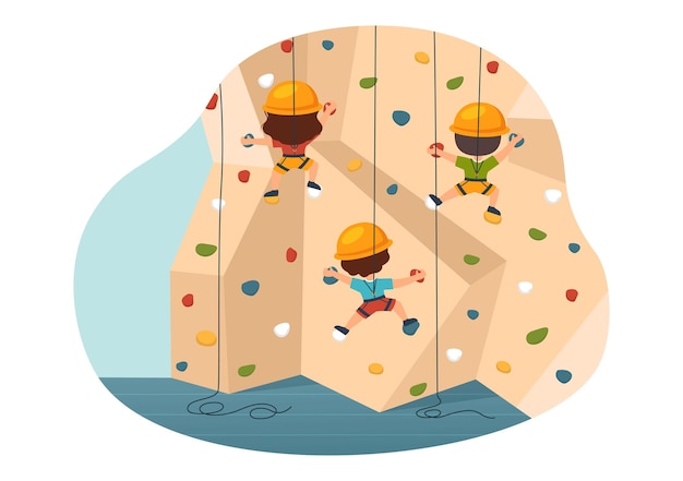 Vettore illustrazione disegnata a mano di arrampicata su scogliera con arrampicatore per bambini salire parete di roccia o scogliere di montagna