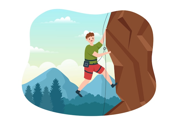 Cliff Climbing Illustratie met Climber Climb Rock Wall of Mountain Cliffs in Handgetekende sjabloon