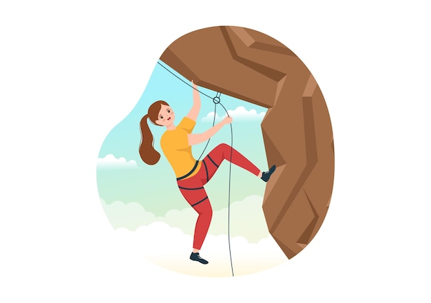 Vector cliff climbing illustration with climber climb rock wall or mountain cliffs in hand drawn template