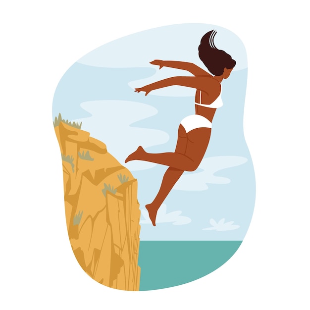 Cliff jump extreme sports and recreation concept. happy brave female character jumping in ocean from high rock edge. young fearless woman enjoy xtreme diving jump. cartoon people vector illustration