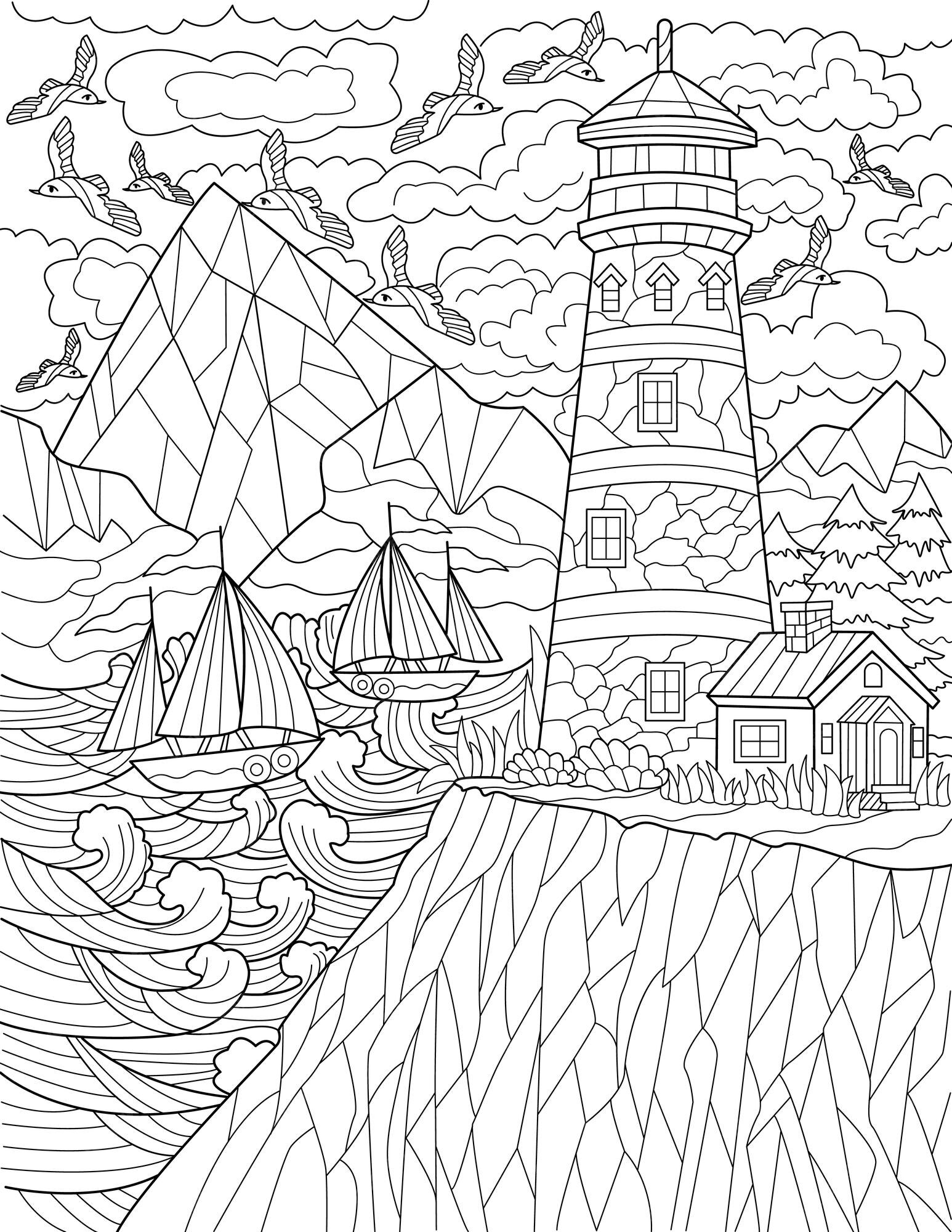 Premium Vector | Cliff with lighthouse with multiple flying birds and ...