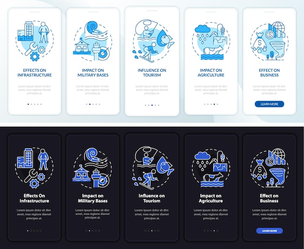 Climate change and economy night, day mode onboarding mobile app screen