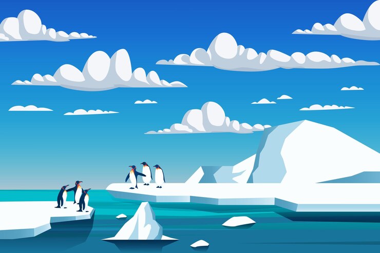 Vector climate change is real. penguin on  melting mountain ice and sea level rising at daylight vector