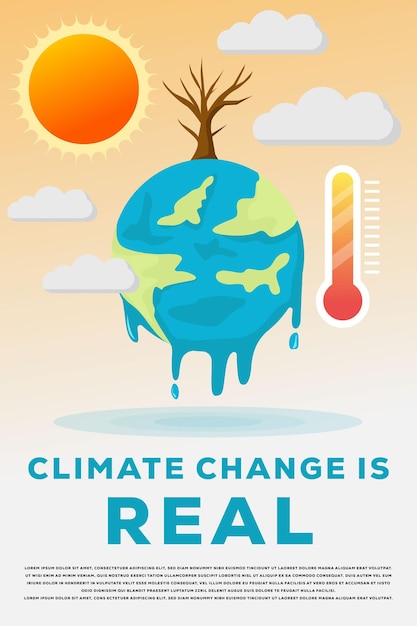 Vettore illustrazione dell'insegna del manifesto del cambiamento climatico terra fusa e termometro meteorologico