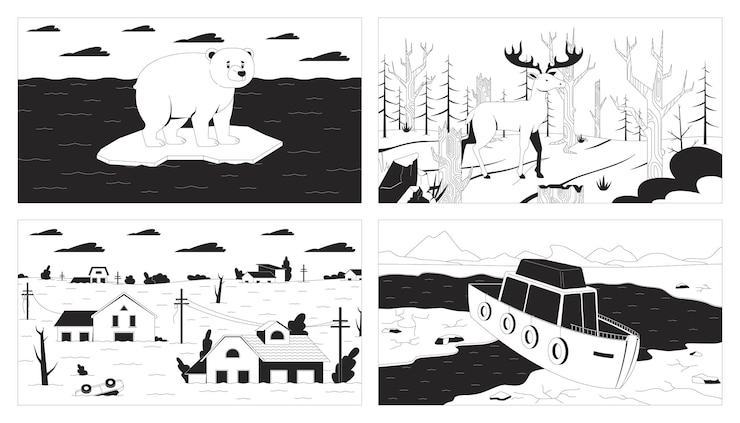 Vector climate crisis impact black and white line illustrations set