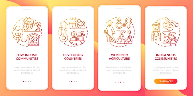 Climate poverty risk groups onboarding mobile app page screen with concepts. Woman in agriculture walkthrough  steps. UI  template with RGB color