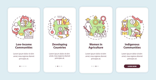 Climate poverty risk groups onboarding mobile app page screen with concepts