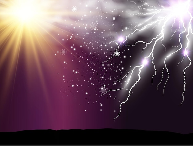 Climate vector drawing of the sun and lightning shining through the clouds.