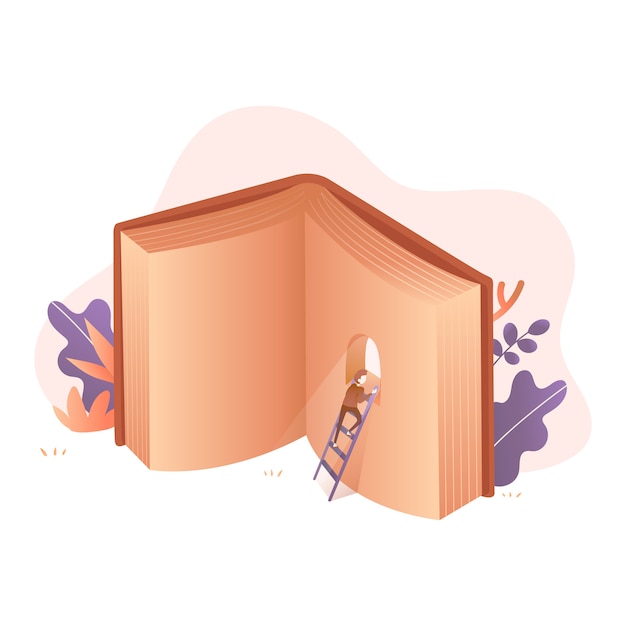 Vector climb and look up to the book window illustration