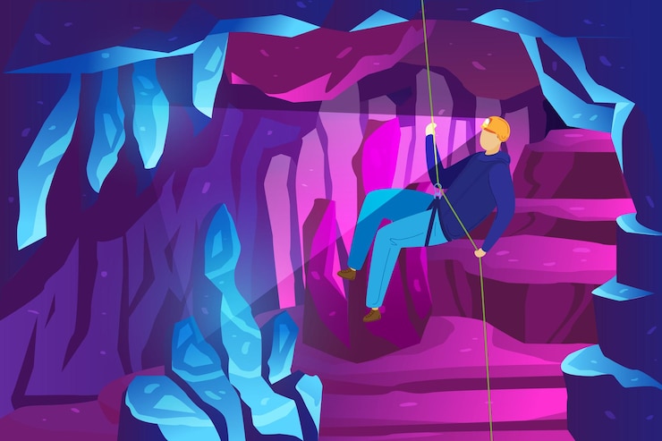 Vector climber adventure in mountains, study ice caves, extreme sport speleology spelunker  illustration. .