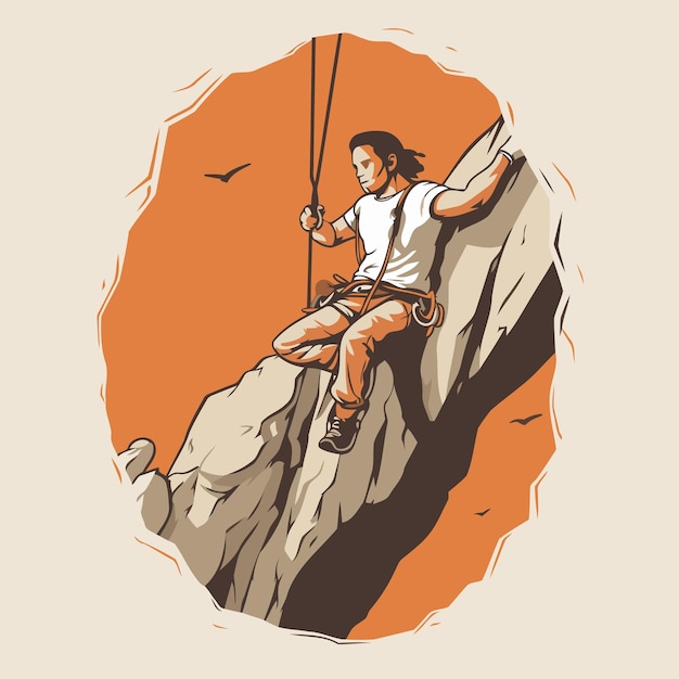 Vettore ragazza alpinista che si arrampica su una scogliera illustrazione vettoriale in stile retro