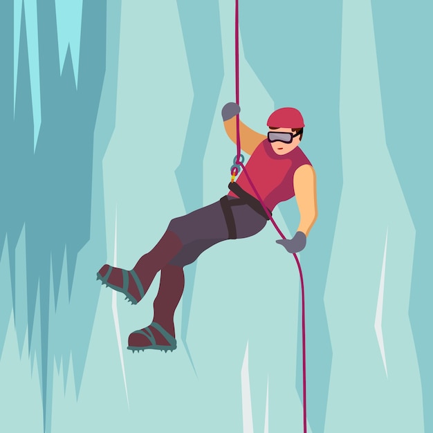 The climber hangs on a rope against the backdrop of ice wall Vector illustration