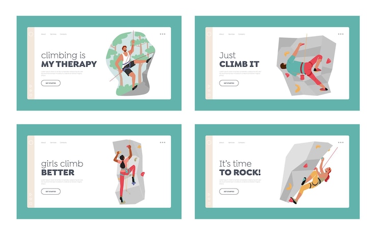 Vector climbers mountaineering extreme sport activity, mountaineers sport landing page template set. male and female characters climbing mountain and wall with grips. cartoon people vector illustration