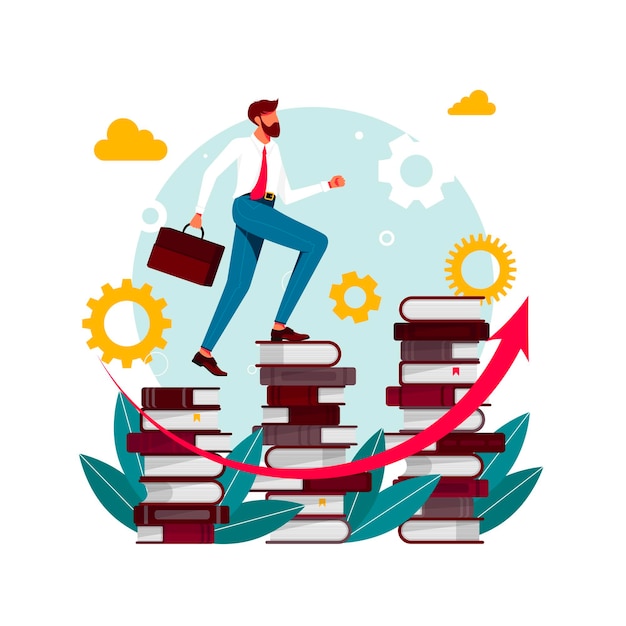 Climbing books.person in library going top. people climbing books. business success, education level, staff and skill development vector concept. businessman going up the stairs which made from books.