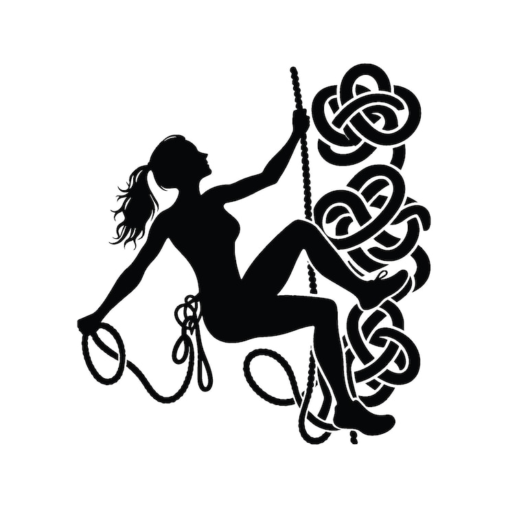 Vector climbing bouldering female player in celtic knot pattern illustration emblem shield badge