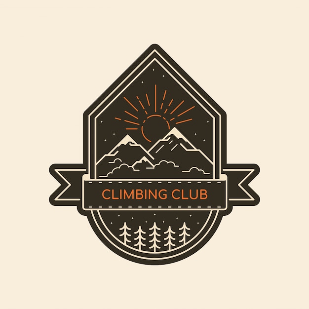 Climbing club badge. Zwart-witte lijnillustratie. Bergtrekking en wandelen embleem