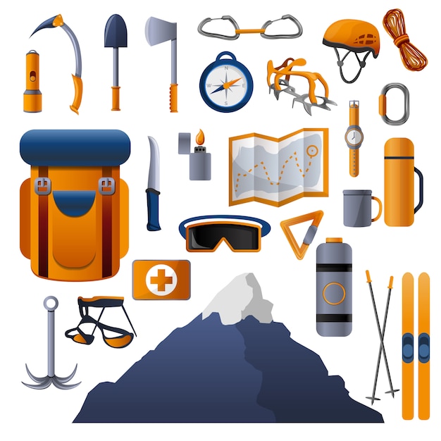 Climbing equipment icon set