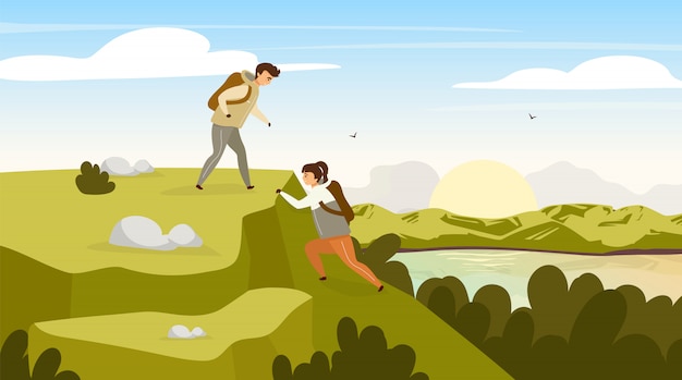 Vector climbing group flat illustration. hikers couple on mountain hill. man and woman on peak. sunrise on river stream. panoramic landscape scene. tourist group cartoon characters