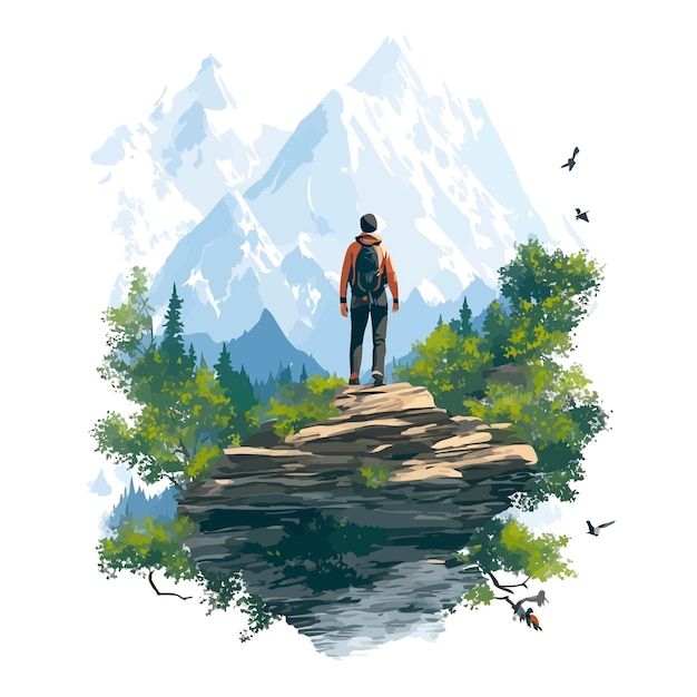 climbing a hill a stick in his hand trees mountains illustration