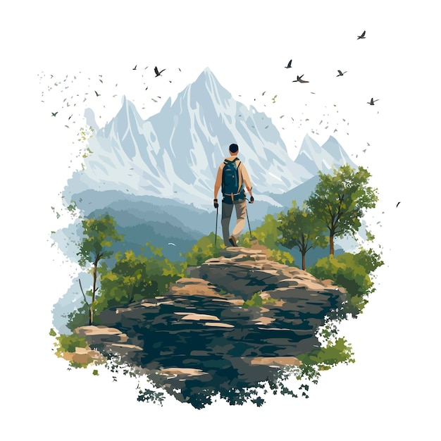 climbing a hill a stick in his hand trees mountains illustration