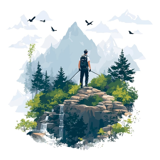 climbing a hill a stick in his hand trees mountains illustration