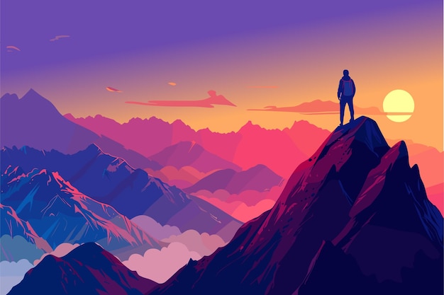 climbing mountains the traveler on the top of the mountain looks at the beautiful landscape of the mountains mountain tourism travel and hiking vector