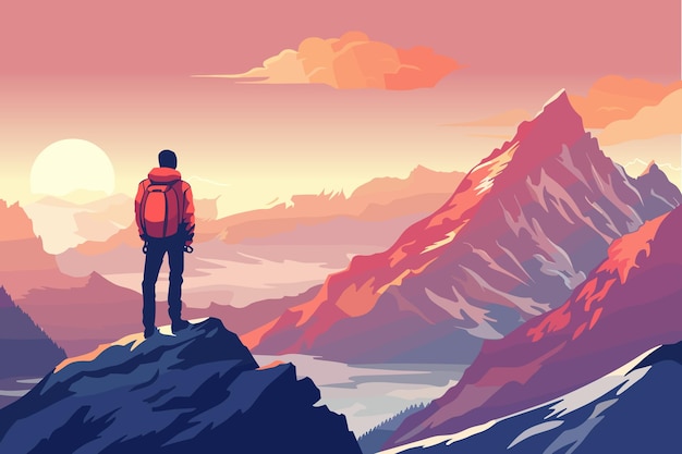 climbing mountains the traveler on the top of the mountain looks at the beautiful landscape of the mountains mountain tourism travel and hiking vector