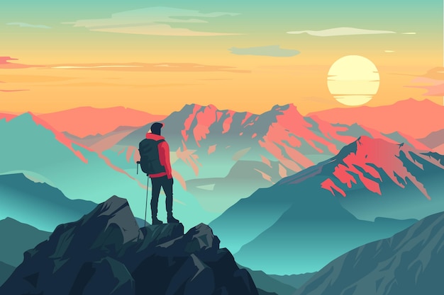 climbing mountains the traveler on the top of the mountain looks at the beautiful landscape of the mountains mountain tourism travel and hiking vector