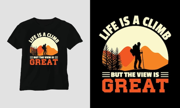 Climbing t-shirt design concept. Designed with Mountain, Silhouette, trees, and vintage style.