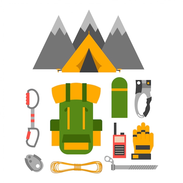 Vector climbing trekking equipment vector set.