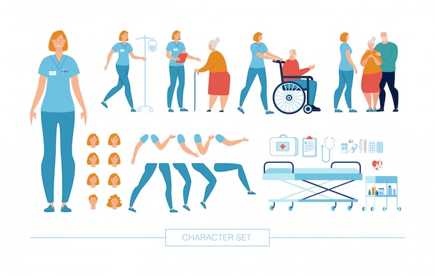 Clinica infermiera character constructor flat vector set