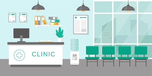 Vector clinic rectption room or hospital holl interior in  style. medicine concept.  illustration.