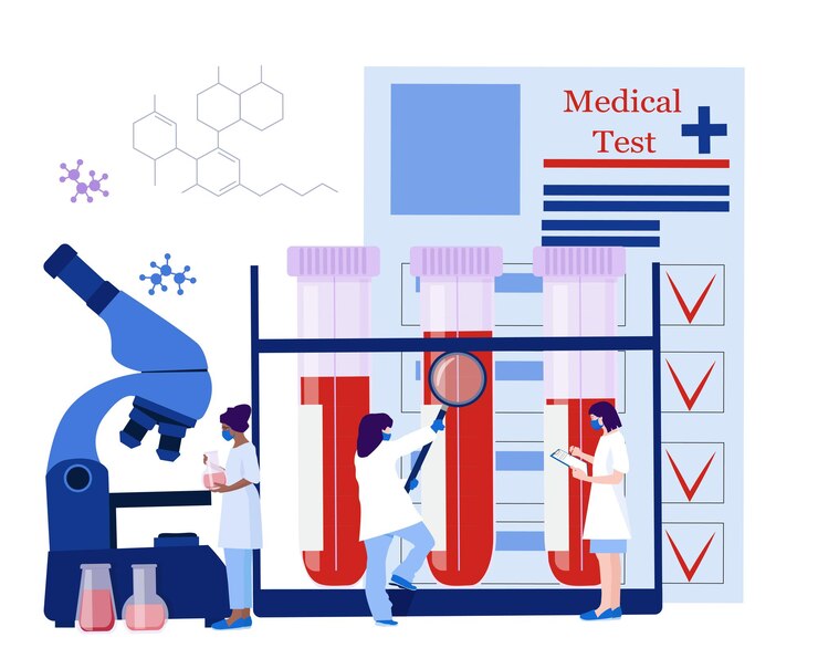 Vector clinical laboratory blood test.  medical test template, medical workers, equipment, virus detection.