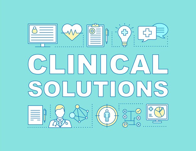 Clinical solution word concepts banner. Medical treatment. Diagnostics, examination. Case history. Presentation, website. Isolated lettering typography idea, linear icons. Vector outline illustration