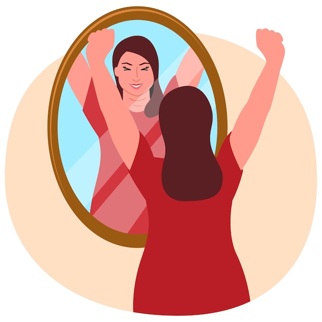 Vector clip art of a happy overweight young woman looking in the mirror