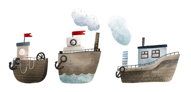 clip art met kinderlijke hand geschilderde boten geïsoleerd schip Leuke kinderlijke aquarel illustratie