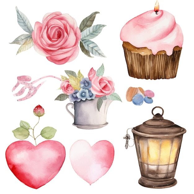 Vettore pacchetto di clip art di acquerelli orsi cuori rose bouquets torte tazze e vasi decorativi romantici