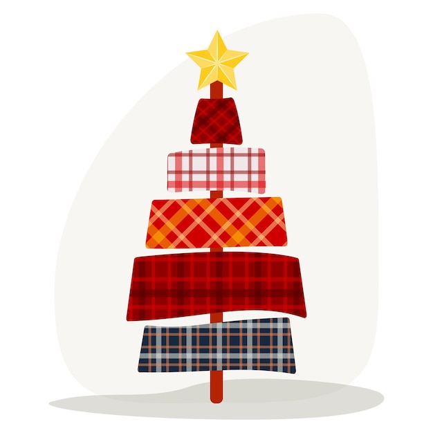 Clip art of retro christmas tree with red tartan and plaid texture. holiday illustration