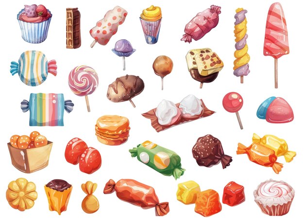 Vector clip art set van collectie van verschillende snoepjes snoepjes en cakes illustraties