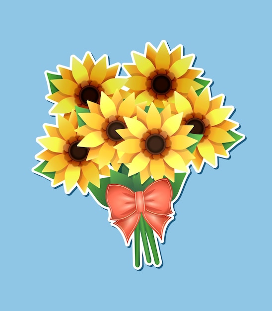 Clip art sticker with sunflower bouquet and orange bow isolated on pink background