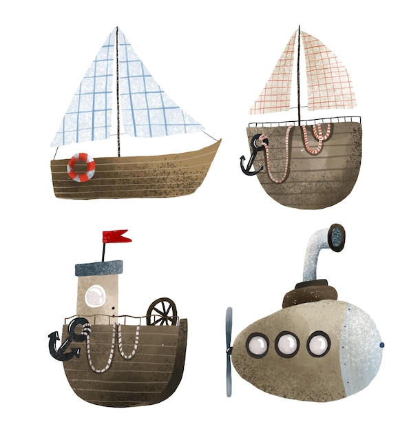 clip art with childish hand painted boats isolated ship Cute childish watercolor illustration